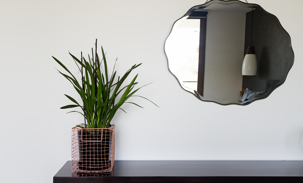 Home interior decor details copper wire basket and mirror